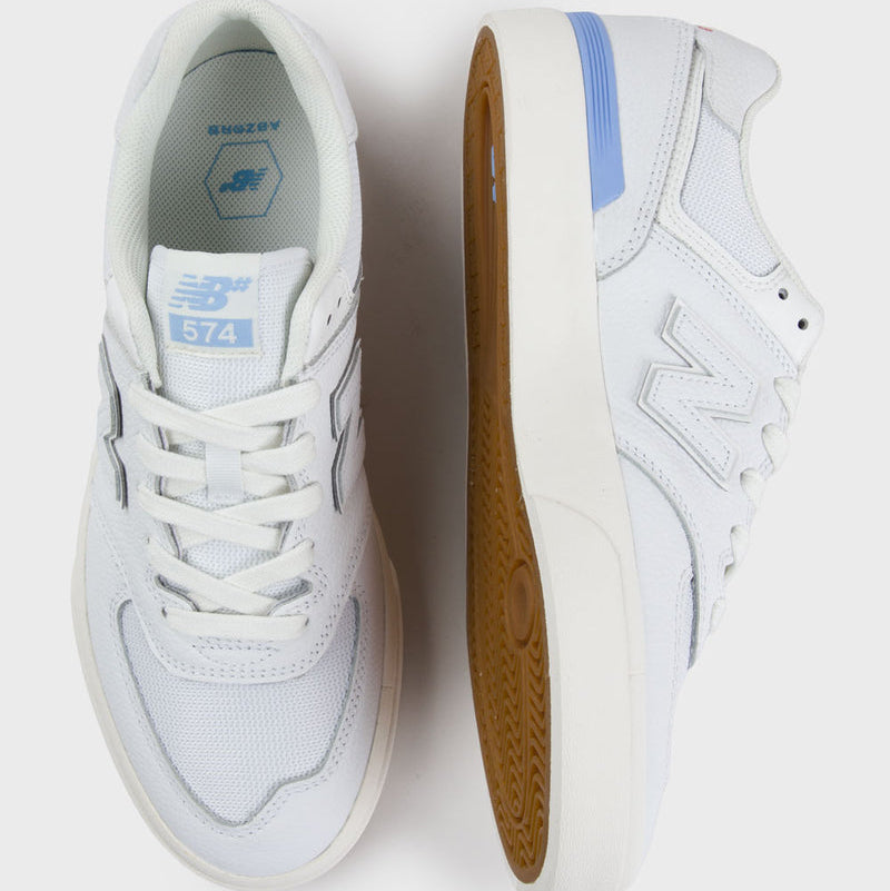 NEW BALANCE NUMERIC 574 VULC WHITE/BLUE SHOE- 574VWR – 805 skate shop