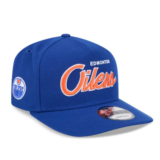 EDMONTON OILERS NEW ERA NHL SCRIPT 9FIFTY A-FRAME BLUE SNAPBACK HAT