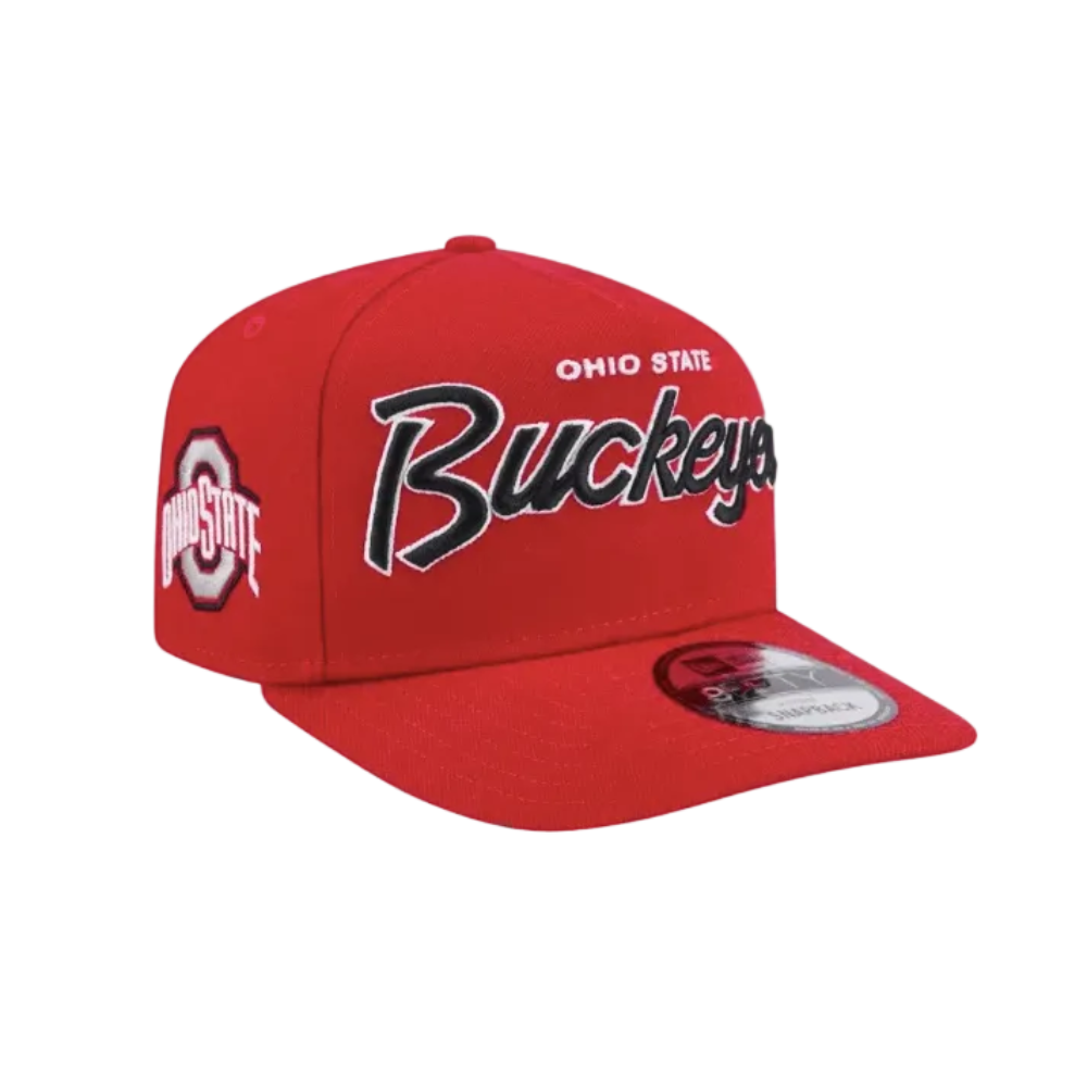 OHIO STATE BUCKEYES 9FIFTY A-FRAME NEW ERA NCAA RED SCRIPT SNAPBACK HAT