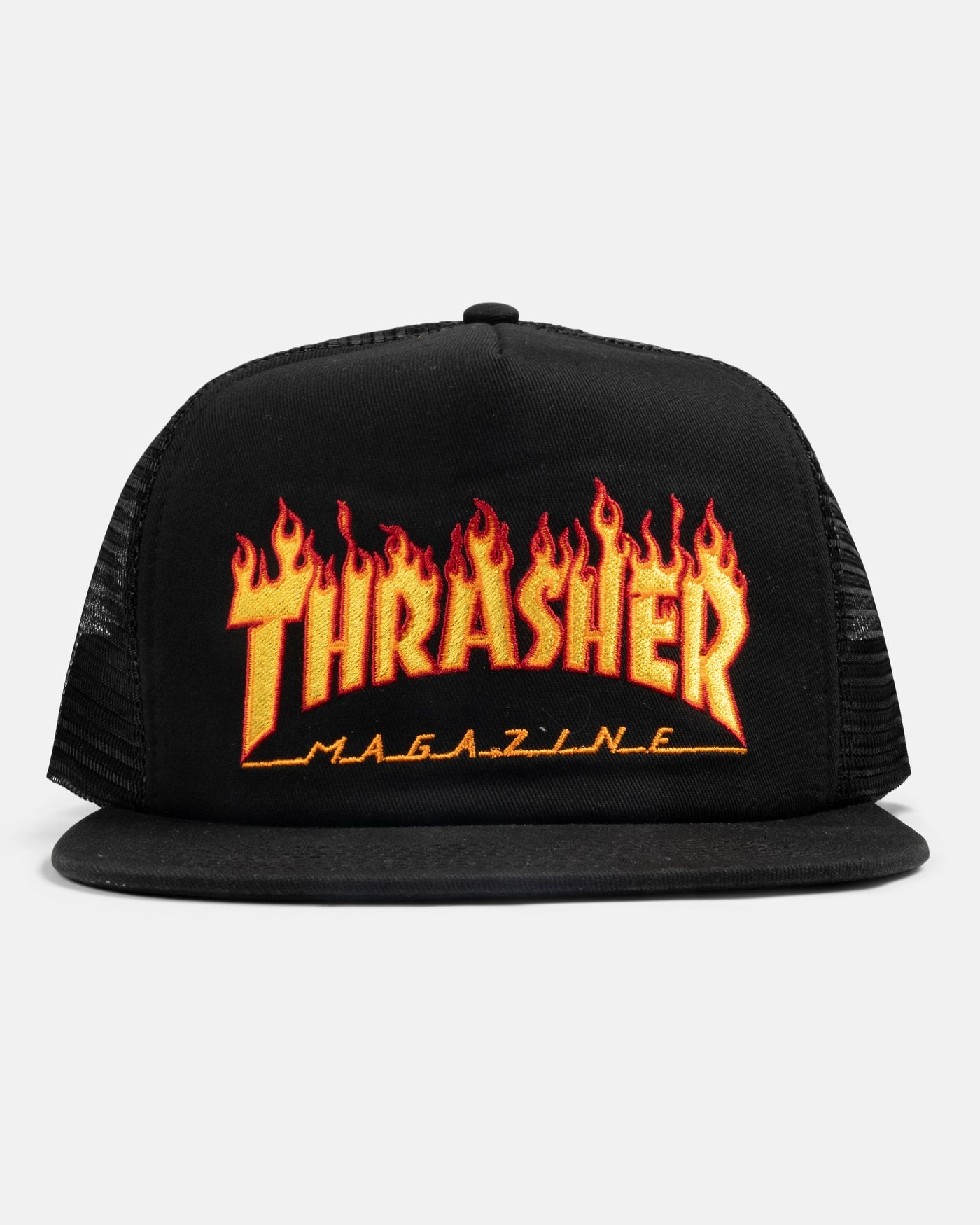 THRASHER FLAME LOGO TRUCKER SNAPBACK HAT BLACK