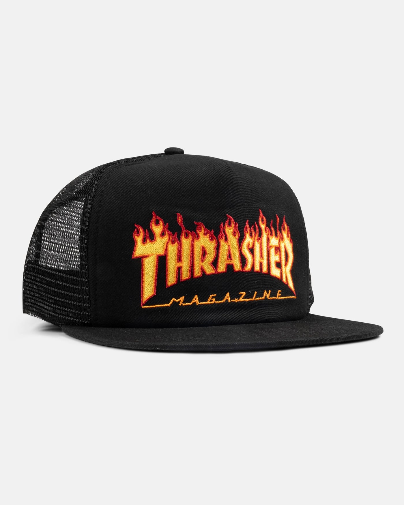 THRASHER FLAME LOGO TRUCKER SNAPBACK HAT BLACK