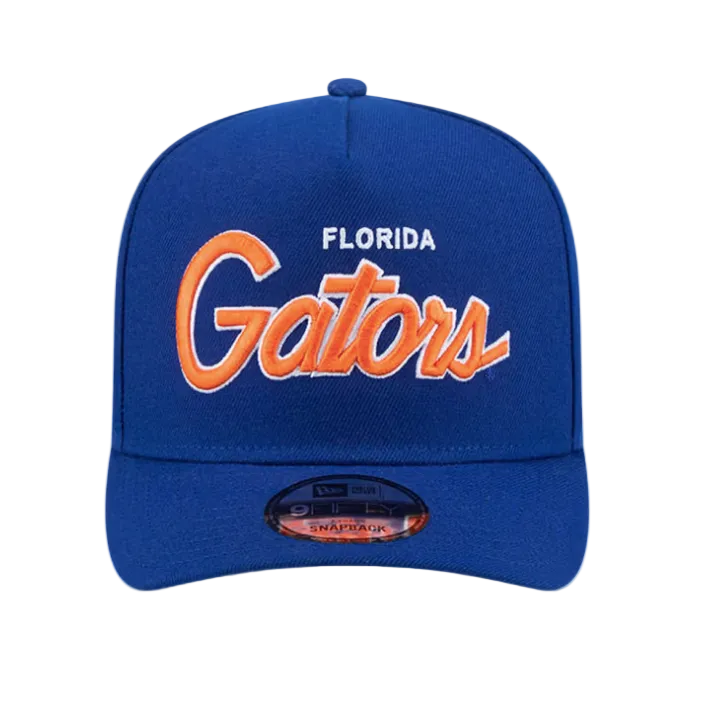 FLORIDA GATORS 9FIFTY A-FRAME NEW ERA NCAA BLUE SCRIPT SNAPBACK HAT
