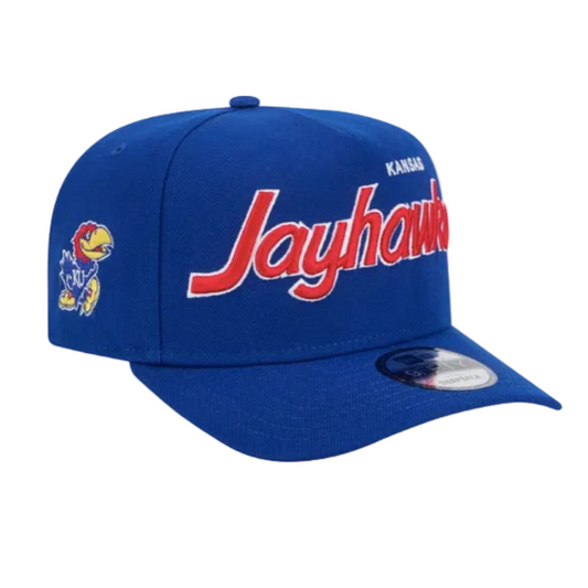 KANSAS JAYHAWKS 9FIFTY A-FRAME NEW ERA NCAA BLUE SCRIPT SNAPBACK HAT