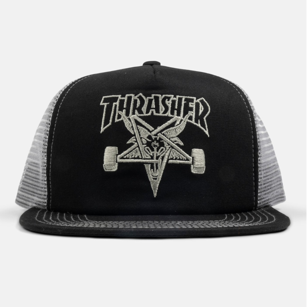 THRASHER SKATEGOAT LOGO TRUCKER SNAPBACK HAT BLACK