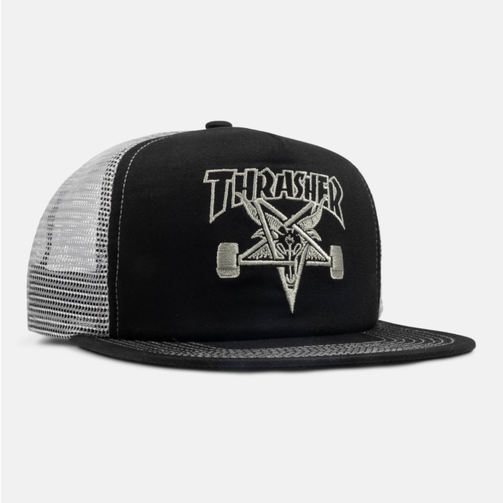 THRASHER SKATEGOAT LOGO TRUCKER SNAPBACK HAT BLACK