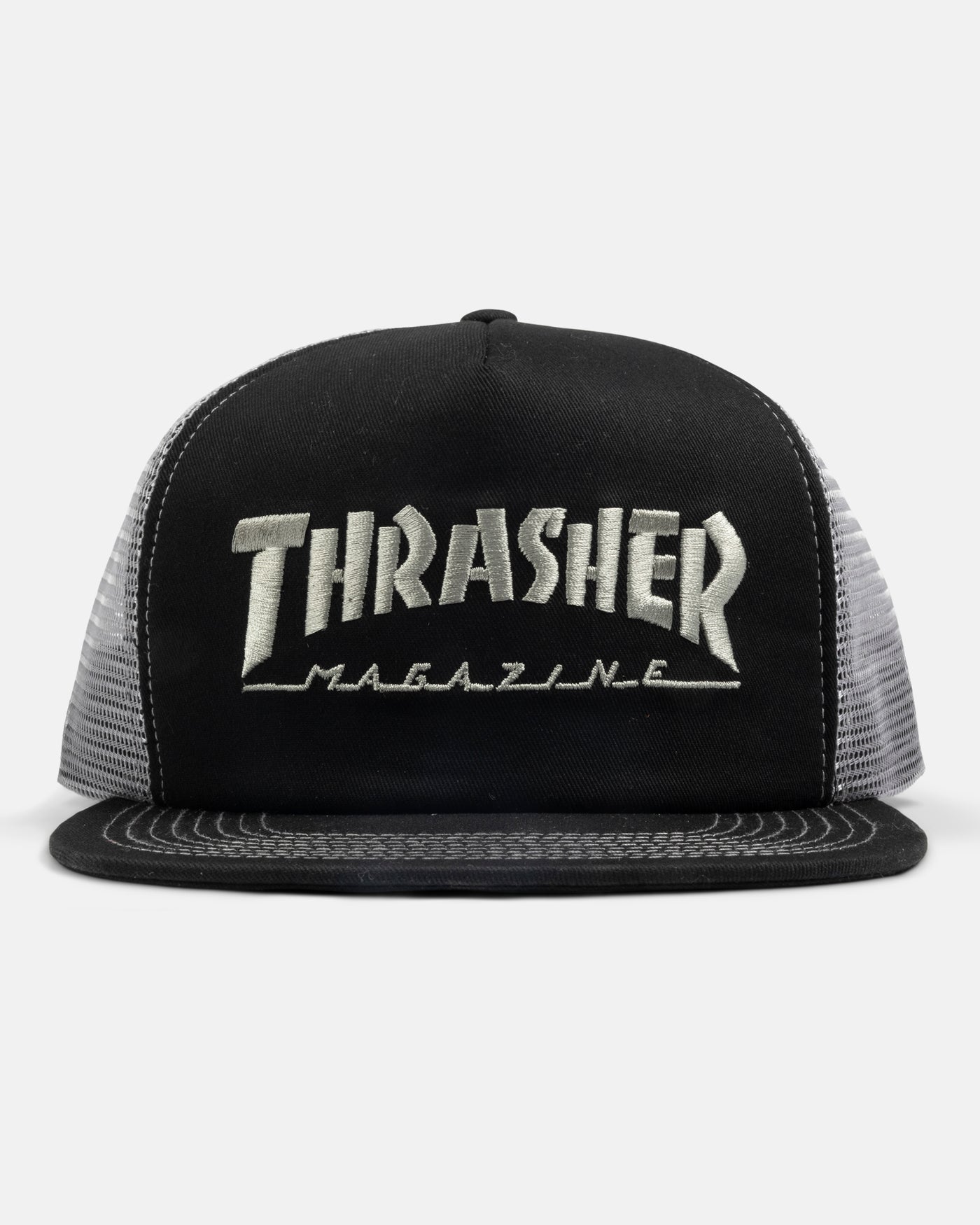 THRASHER SKATE MAG LOGO TRUCKER SNAPBACK HAT BLACK