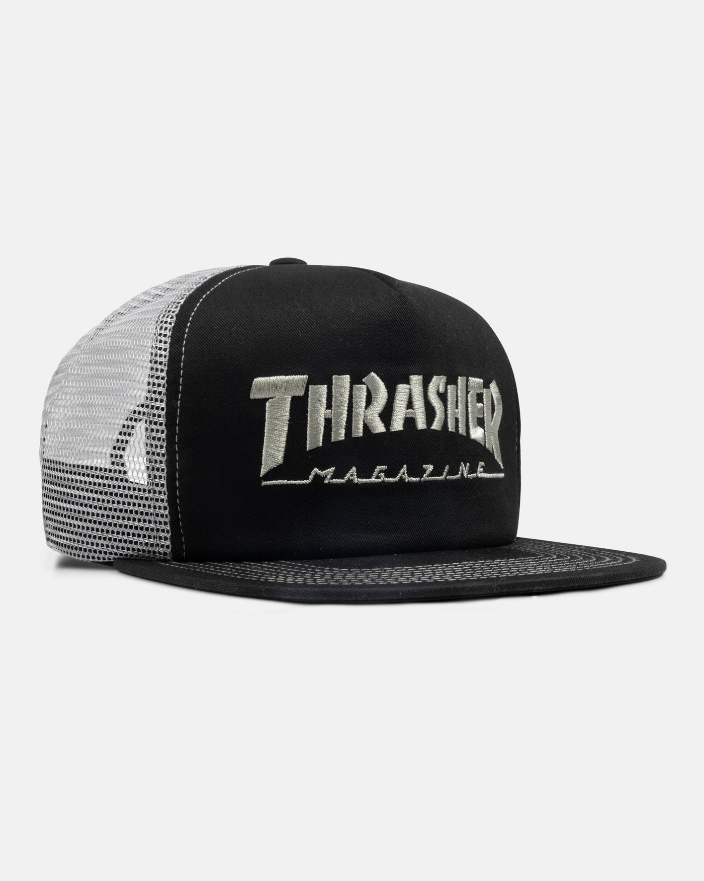 THRASHER SKATE MAG LOGO TRUCKER SNAPBACK HAT BLACK