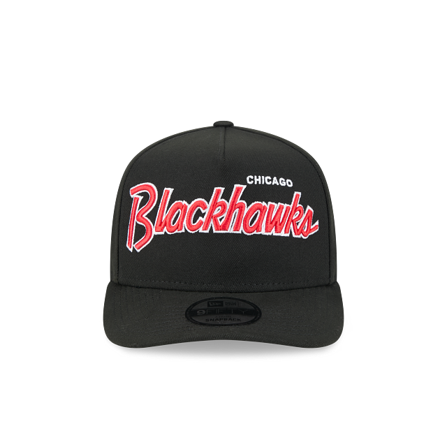 CHICAGO BLACKHAWKS 9FIFTY A-FRAME NEW ERA NHL BLACK SCRIPT SNAPBACK HAT