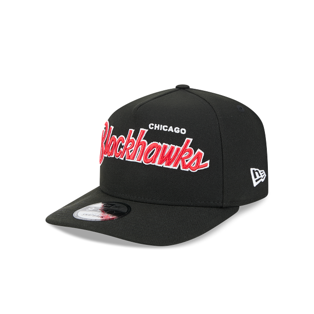 CHICAGO BLACKHAWKS 9FIFTY A-FRAME NEW ERA NHL BLACK SCRIPT SNAPBACK HAT