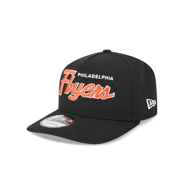 PHILADELPHIA FLYERS 9FIFTY A-FRAME NEW ERA NHL BLACK SCRIPT SNAPBACK HAT