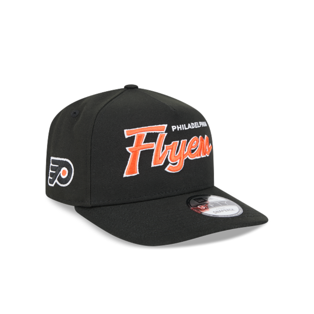 PHILADELPHIA FLYERS 9FIFTY A-FRAME NEW ERA NHL BLACK SCRIPT SNAPBACK HAT