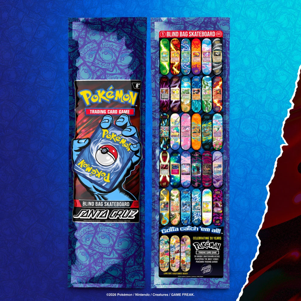 Santa Cruz x Pokémon TCG blind bag skateboard deck square product image, 1000 by 1000