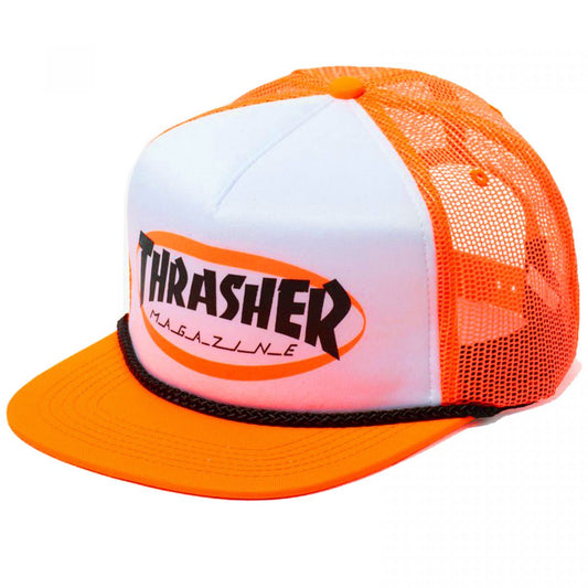 THRASHER ELLIPSE MAG LOGO TRUCKER ROPE SNAPBACK HAT ORANGE